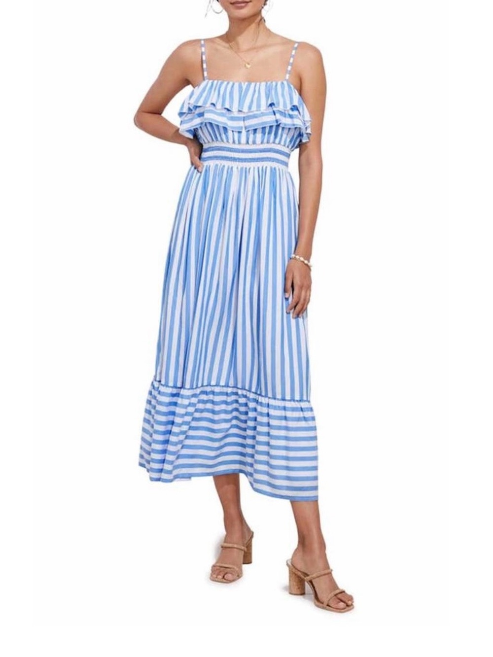 Vineyard Vines Blue & White Striped Ruffle Midi Dress